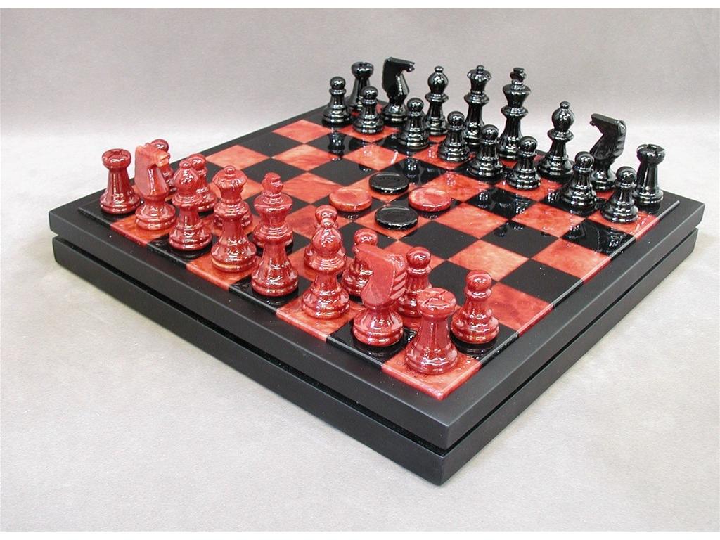 Chess & Checkers Set Alabaster Red and Black Marble Chess Sets