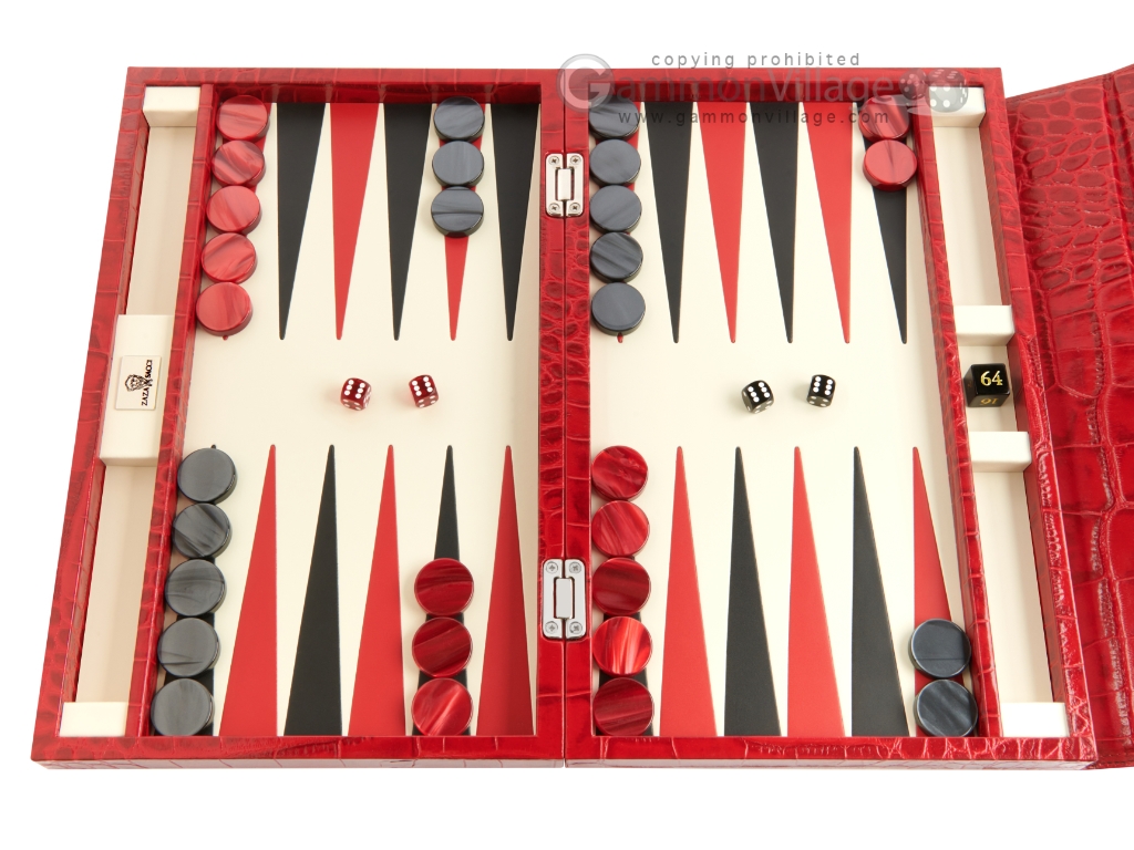 15-inch Travel Backgammon Set by Zaza & Sacci - Croco Leather - Red