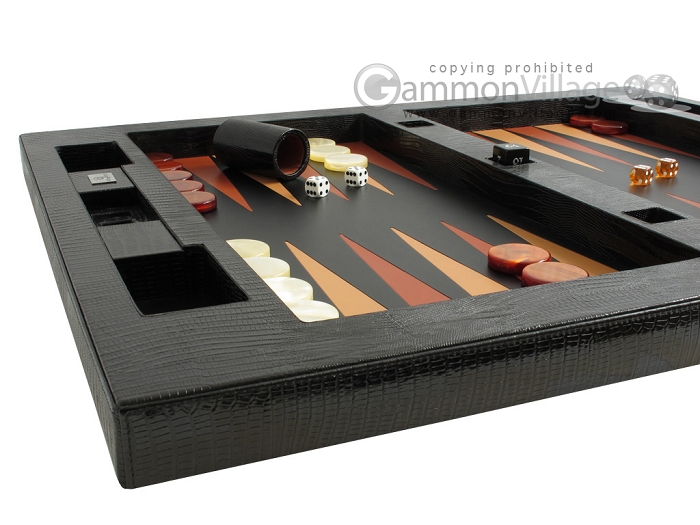 Large LEATHER TABLE TOP Backgammon Set Zaza & Sacci, Black Lizard